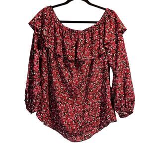 Boho Michael Kors 3/4 sleeve blouse Size XL Red Black Pink Ruffle Neck Studs